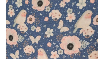 10cm Musselin Windelstoff Doppelgewebe bedruckt Vögelchen und Mohn auf Rauchblau   (Grundpreis € 15,00/m)